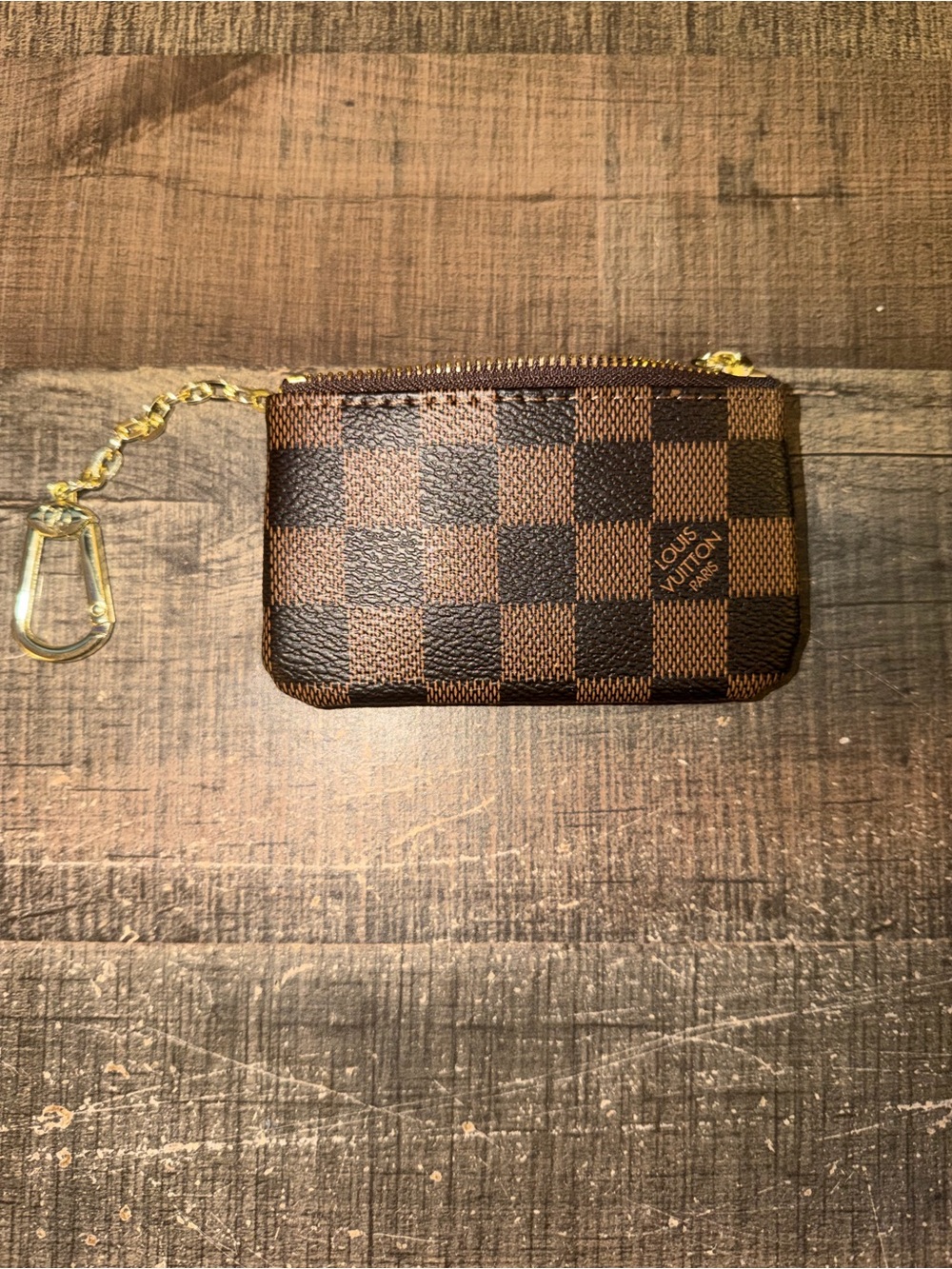 LV Checkerboard Brown Coin Key Pouch with Gold Chains